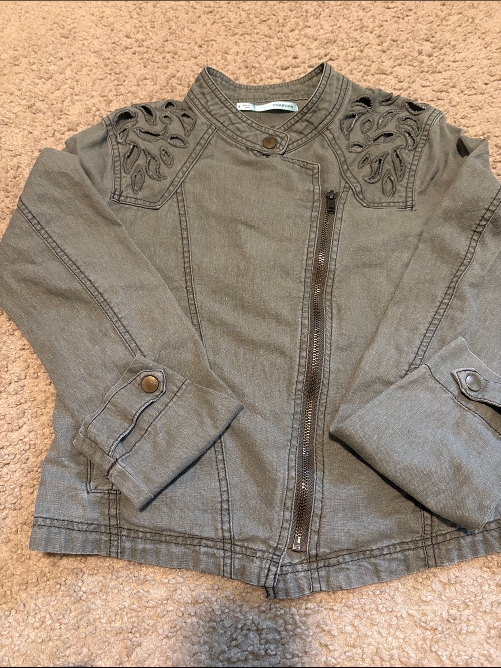 Lightweight linen/cotton olive green jacket with cut outs